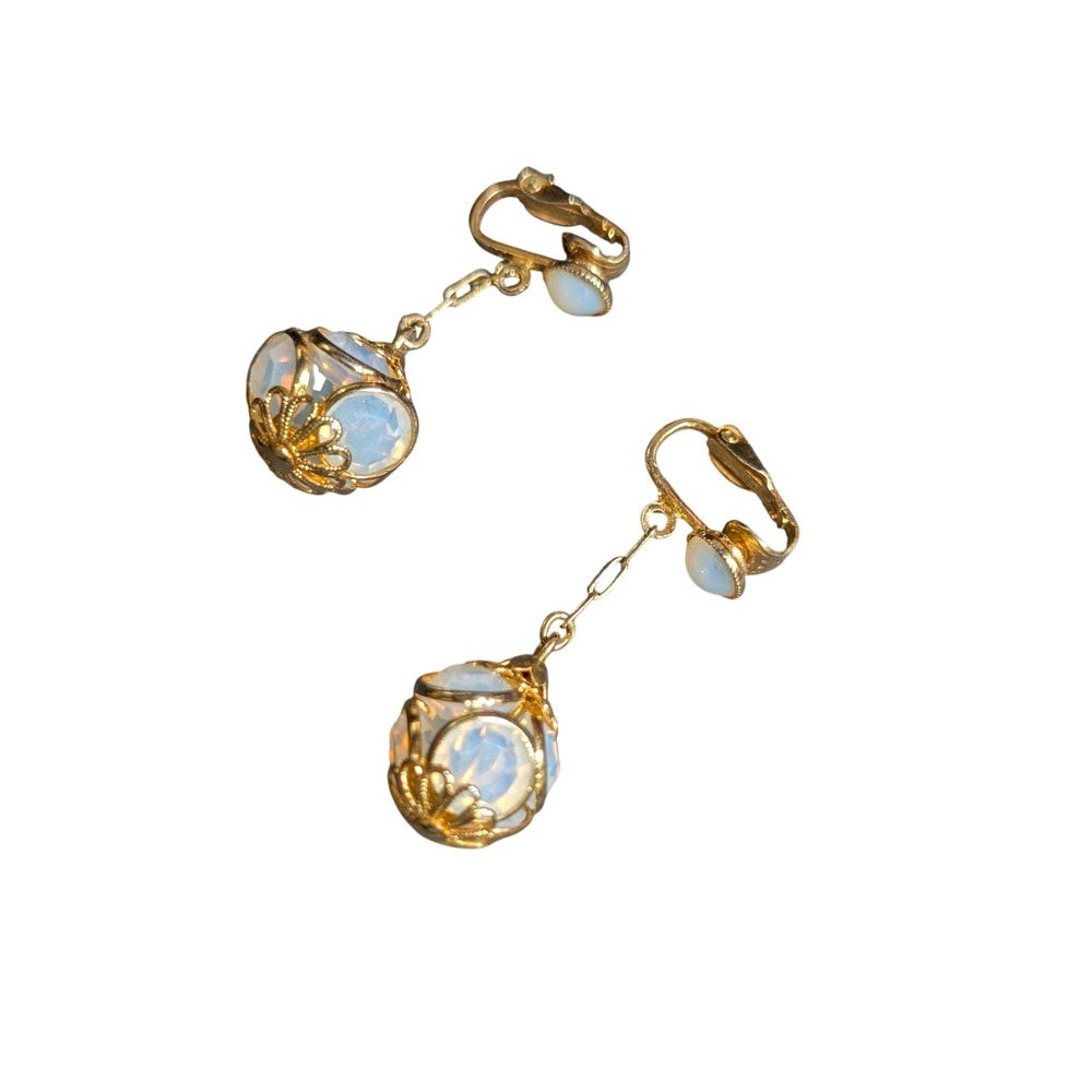 Vintage Gold Tone Filigree Cage Iridescent Glass Drop Clip On Earrings